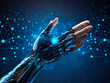 © ismael - Cyborg hand on dark background using digital network interface 3D rendering.IA generativa