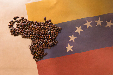 Coffee beans forming the map of Venezuela, on the Venezuelan flag