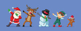 Fototapeta Pokój dzieciecy - Santa Claus and his Little Helpers Dancing Together Vector Banner Cartoon. Funny characters having fun celebrating during holidays 
