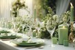 Wedding table decor in white and green tones