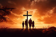 Silhouette of family looking for the cross of Jesus Christ on autumn sunrise background. Easter Sunday concept.