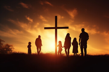 Silhouette of family looking for the cross of Jesus Christ on autumn sunrise background. Easter Sunday concept.