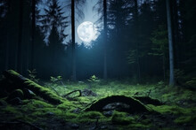 Enchantment Of Forest At Night, With Luminous Moon Casting Silvery Glow On The Landscape And Creating Atmosphere Of Mystery And Quiet Beauty