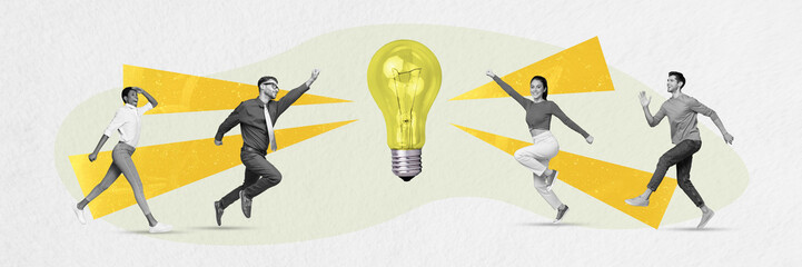 Canvas Print - Smart idea concept collage picture of four teammates colleagues jumping connected to make great decisions lamp isolated on white background