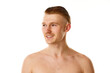 © Lustre Art Group  - Close up portrait of naked attractive man, young guy smiling looking away against white studio background. Concept of barber, skin care.