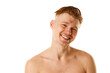 © Lustre Art Group  - Cheerful, with pleasant appearance young with bare shoulder man looking at camera with smile against white studio background.