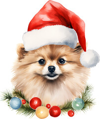 Aufkleber - Christmas pomeranian in santa hat wrapped in christmas lights created with Generative AI technology
