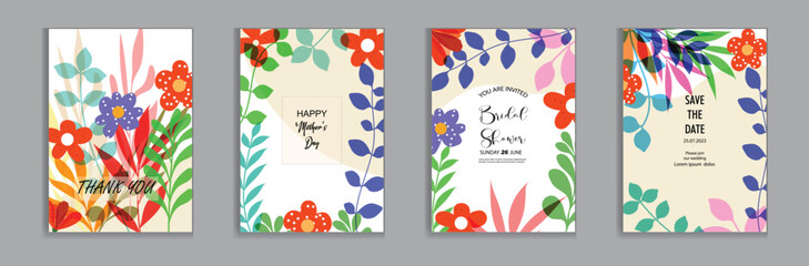 Wall Mural - vector bright and colorful wedding cards, invitation template leaves, and flowers floral
