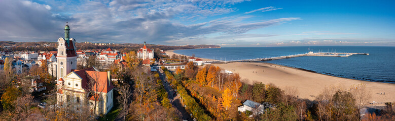 Wall Mural - Aerial panorama of the Sopot city by the Baltic Sea at autumn, Poland