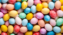 Colorful Easter Eggs Background, Top View, Close-up