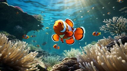 Wall Mural - Amphiprion ocellaris clownfish and anemone in sea