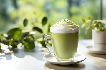 Close up A cup of green tea matcha latte at the table in a caffe. Window light background, Soft natural summer day lighting