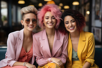 Wall Mural - Portrait of fashionable friends group smiling to the camera. Friendship, lifestyle concept