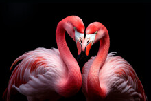 Portrait Of A Couple Of Pink Flamingos On Black Background, Shape Of A Heart, Love And Valentines Day Illustration