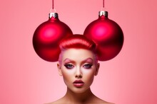 Close Up Portrait Of Red Hair Woman Standing In Front Of Two Big Red Christmas Decoration Baubles Resembling Mouse Ears. Pastel Pink Background With Copy Space. Minimal Concept Of Christmas Party Fun
