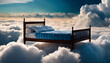 A bed stands atop a fluffy, blue cloud in the sky, representing restful slumber. a bed in the clouds 