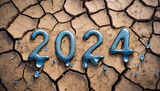 Fototapeta  - Napis 2024 tworzony przez wodę na suchej, spękanej ziemi. Motyw pogłębiającej się globalnej suszy, ochrony środowiska i zasobów wodnych