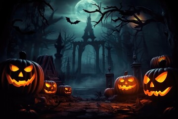 Evil halloween background pumpkin head the cemetery bats fly and candles burning