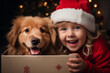 excited child with his dog holding a gift , festive christmas background, ai generated