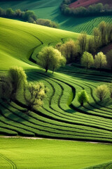 Wall Mural - high-angle photo of a bright, sunny landscape with rolling green hills and scattered trees under a clear blue sky, ai generative