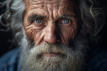 Poster - Close up photography of old poor homeless man with a sad look on his face generative ai image