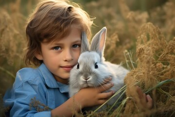 Wall Mural - little child boy  with rabbit