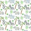 Watercolor seamless pattern with hand drawn animals. Exotic wallpaper for fabric, wrapping paper