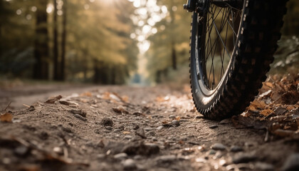 Sticker - Mountain biker speeds through autumn forest on dirt path generated by AI