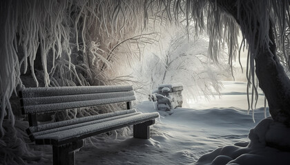 Poster - Tranquil winter landscape snow covered tree, bench, and frosty branch generated by AI