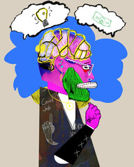 Wall Mural - Businessman thinking about profits and successful ideas for professional growth and development of profits. Contemporary art. Concept of business, achievement, occupation, surrealism. Colorful design