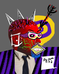Wall Mural - Businessman with serious face controlling projects and powers around him. Being famous and powerful. Contemporary art collage. Concept of business, achievement, occupation, surrealism. Colorful design