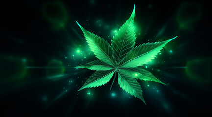 Wall Mural - A glowing green cannabis leaf with a neon outline.