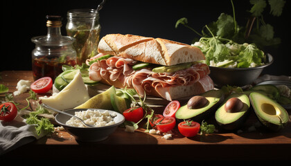 Wall Mural - Freshness on a plate gourmet sandwich, healthy salad, organic avocado generated by AI