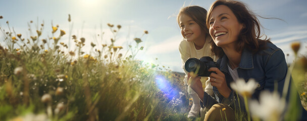 Mother and daughter playing and learning around the park on beautiful morning.Happy mother's day and mom day concept.