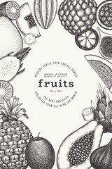 Canvas Print - Tropical Fruit Design Template. Vector Hand Drawn Exotic Fruit Banner. Vintage Style Menu Illustration.