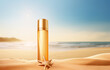 sun protection cream in gold bottle on the beach, morning sea background