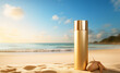 sun protection cream in gold bottle on the beach, morning sea background