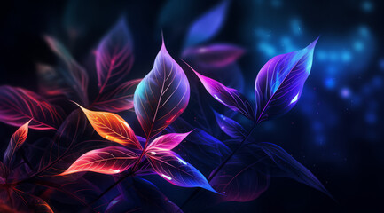 Wall Mural - Multiple neon leaves floating on an abstract, cosmic background.