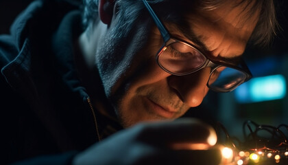 Poster - One man, outdoors at night, wearing eyeglasses and smiling generated by AI