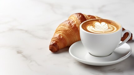 Wall Mural - Coffee cup and croissant on a white table