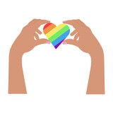 Fototapeta Tęcza - Hands holding LGBT heart symbol. Rainbow flag, LGBT symbol, . Vector illustration isolated on white background. LGBT design element. LGBT pride design for valentines day