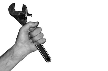 Male hand holding wrench isolated