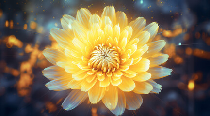 Wall Mural - An abstract yellow marigold flower with a neon and luminescent glow.