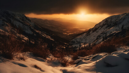 Wall Mural - Majestic mountain range, frozen in winter, a tranquil beauty generated by AI