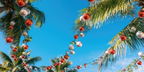 Wall Mural - Palm trees with christmas lights. AI Generated