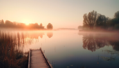 Poster - Silhouette of tree back lit by sunset over tranquil pond generated by AI