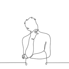 man stands lost in thought with his arms crossed and stroking his chin - one line art vector. concept reflection, self-reflection