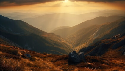 Wall Mural - Adventure seekers hike majestic mountain range for tranquil sunrise beauty generated by AI