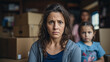mother and her kids, two girls, woman, 40s, indoor in a room surrounded by cardboard boxes, shocked or sad and worried, moving stress and moving boxes, fictional reason and location