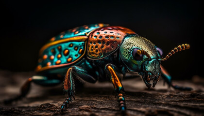 Poster - Multi colored weevil crawling on green leaf in selective focus generated by AI